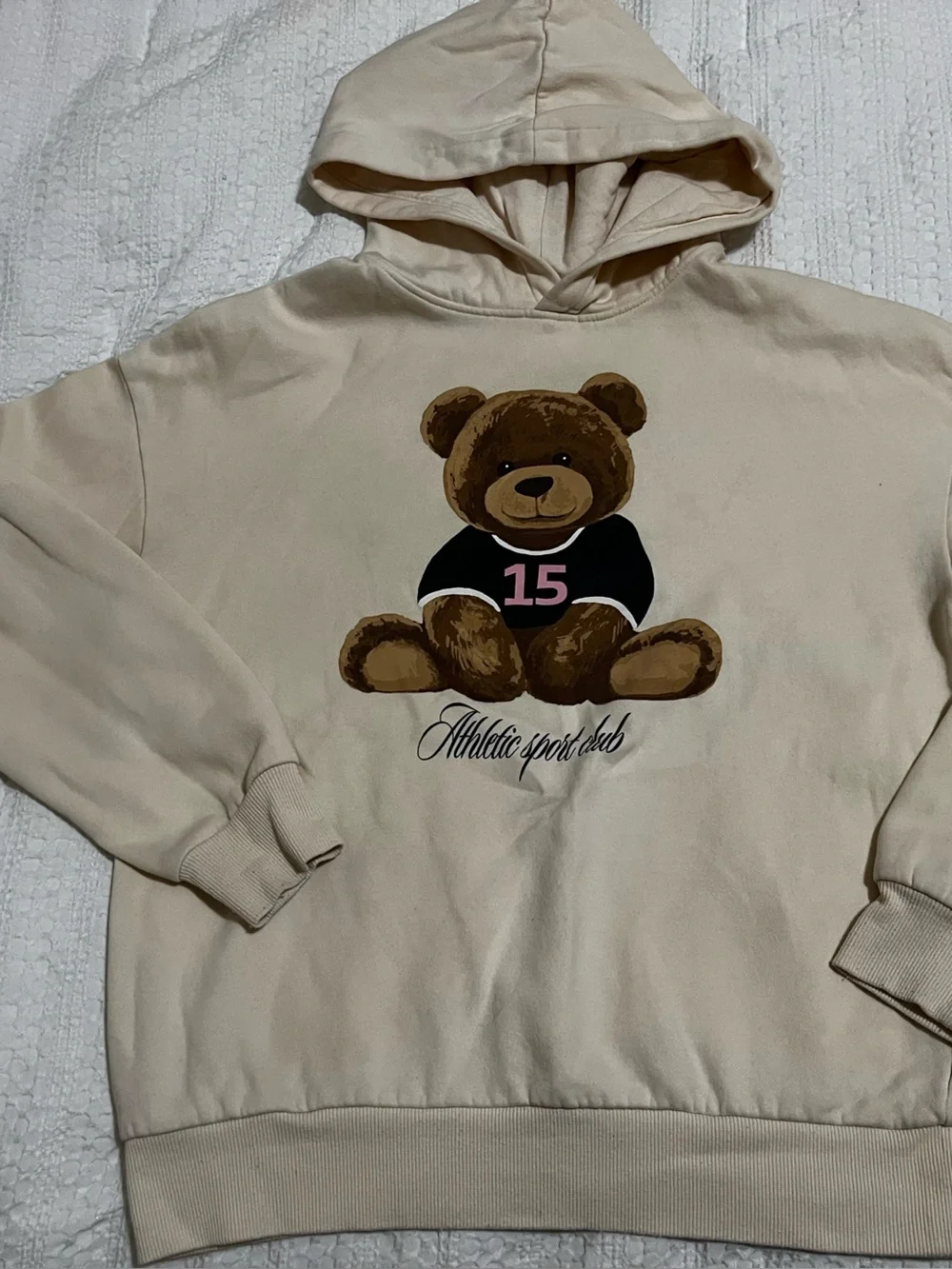 H&M Big Kids Teen Hoodie with Teddy Bear Athletic Club Graphic Ecru Sz 20 School